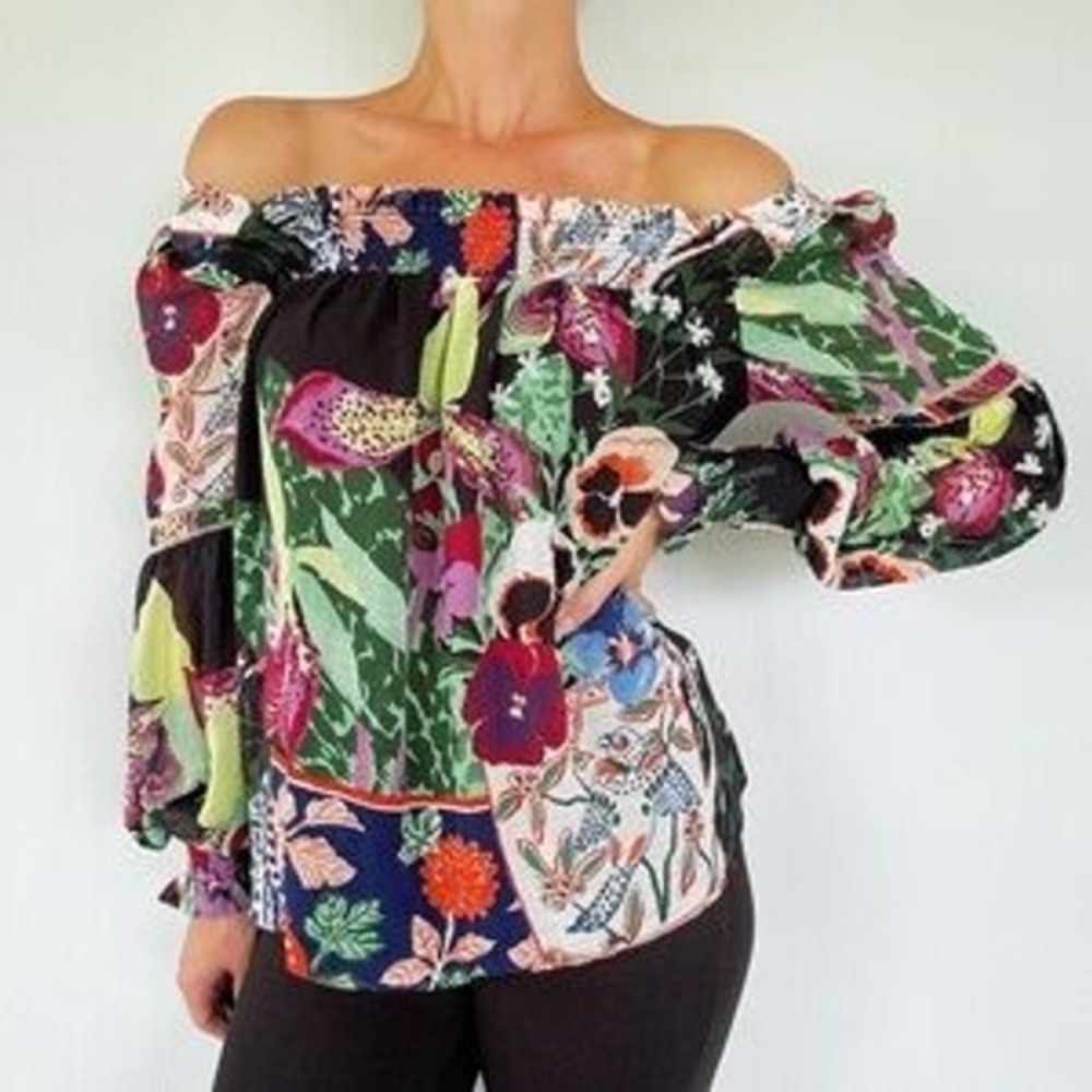 Anthropologie Floral Tropical Smocked Off Shoulder Balloon Sleeve Blouse Medium